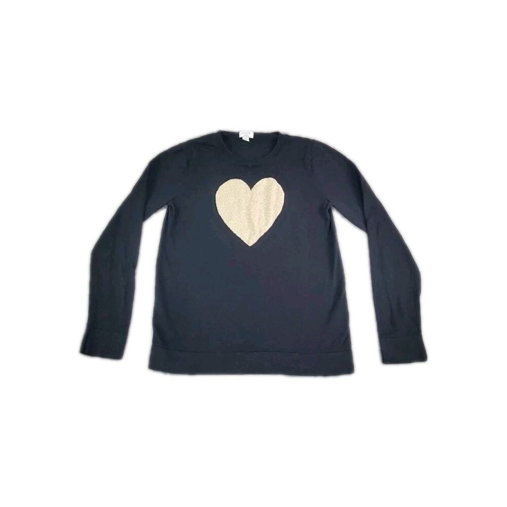 J.Crew Teddie Sweater Womens Sz M Black Heart Crewneck Cotton Knit C30-87